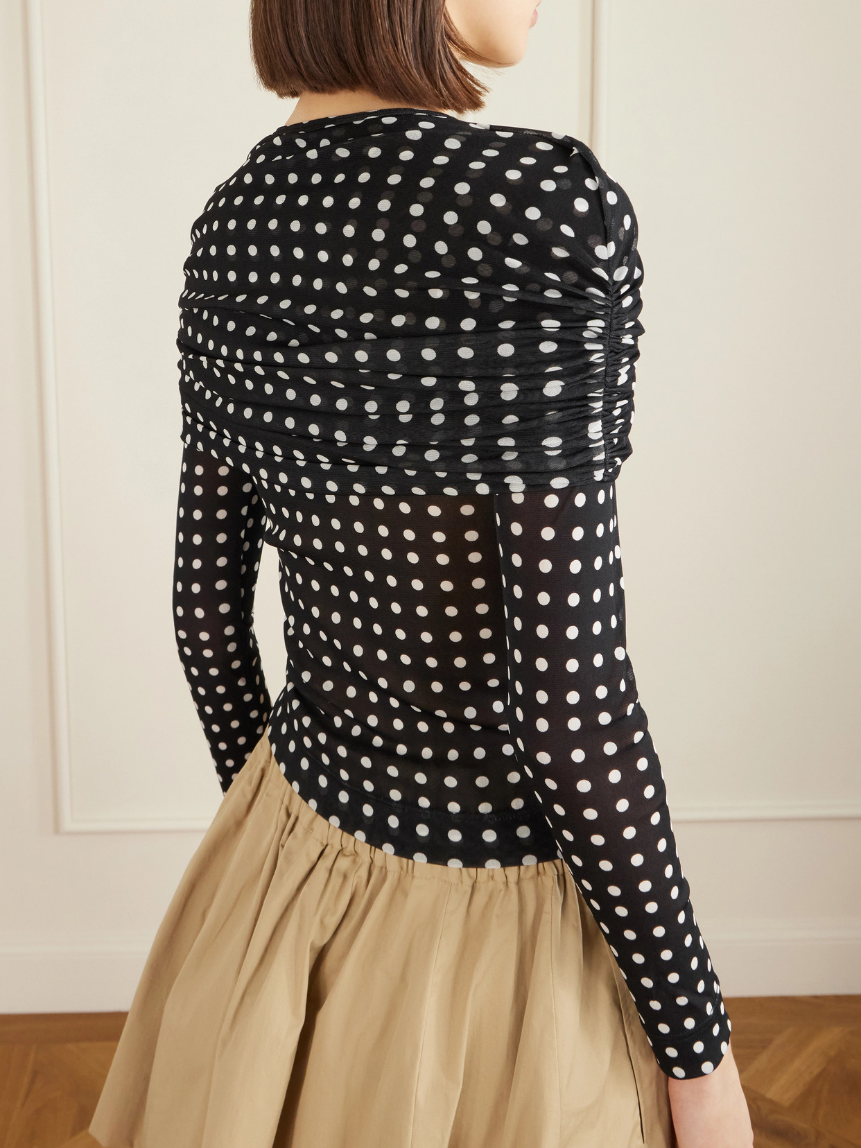 Ruched Polka-Dot Chiffon Top