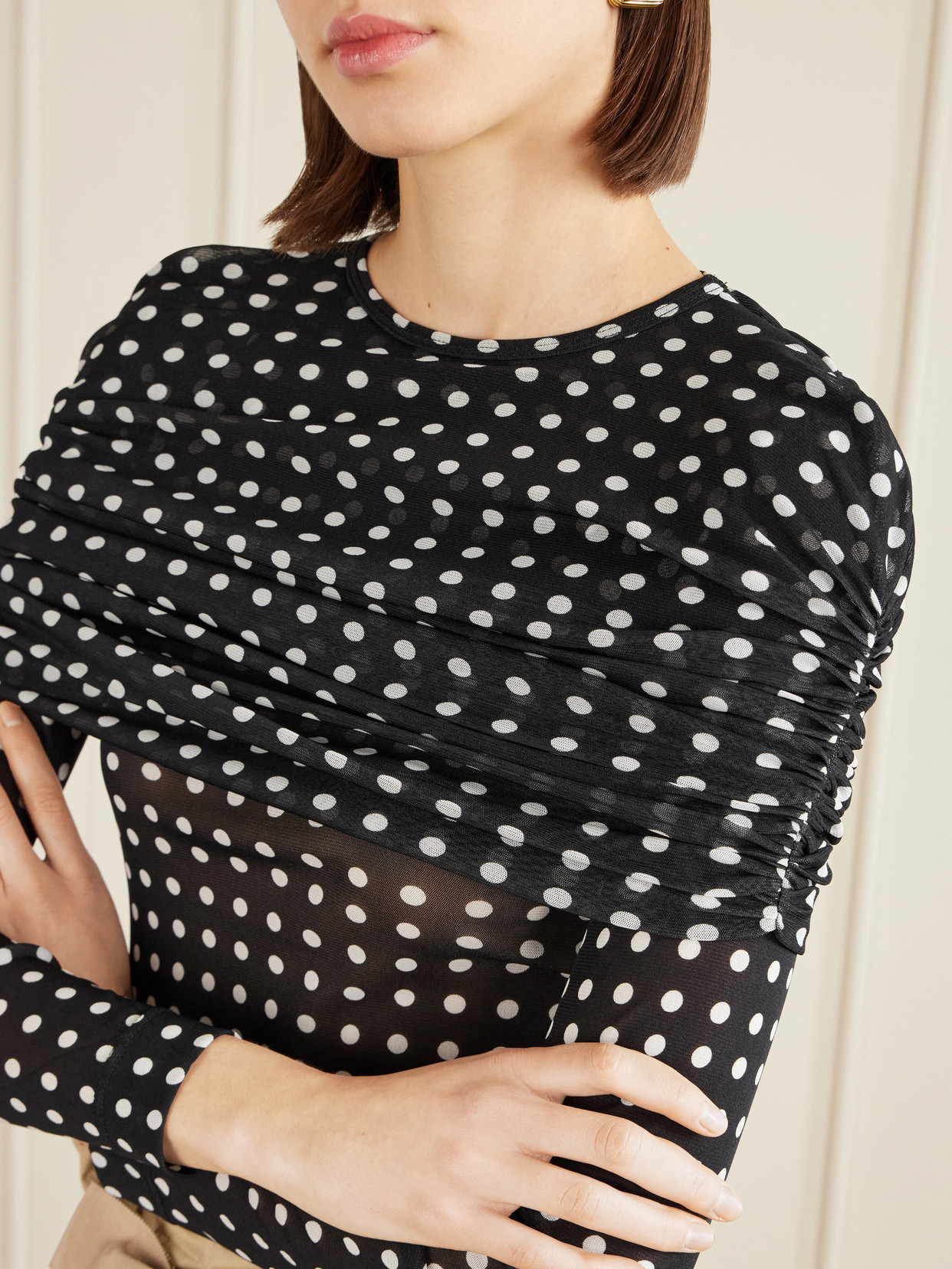 Ruched Polka-Dot Chiffon Top