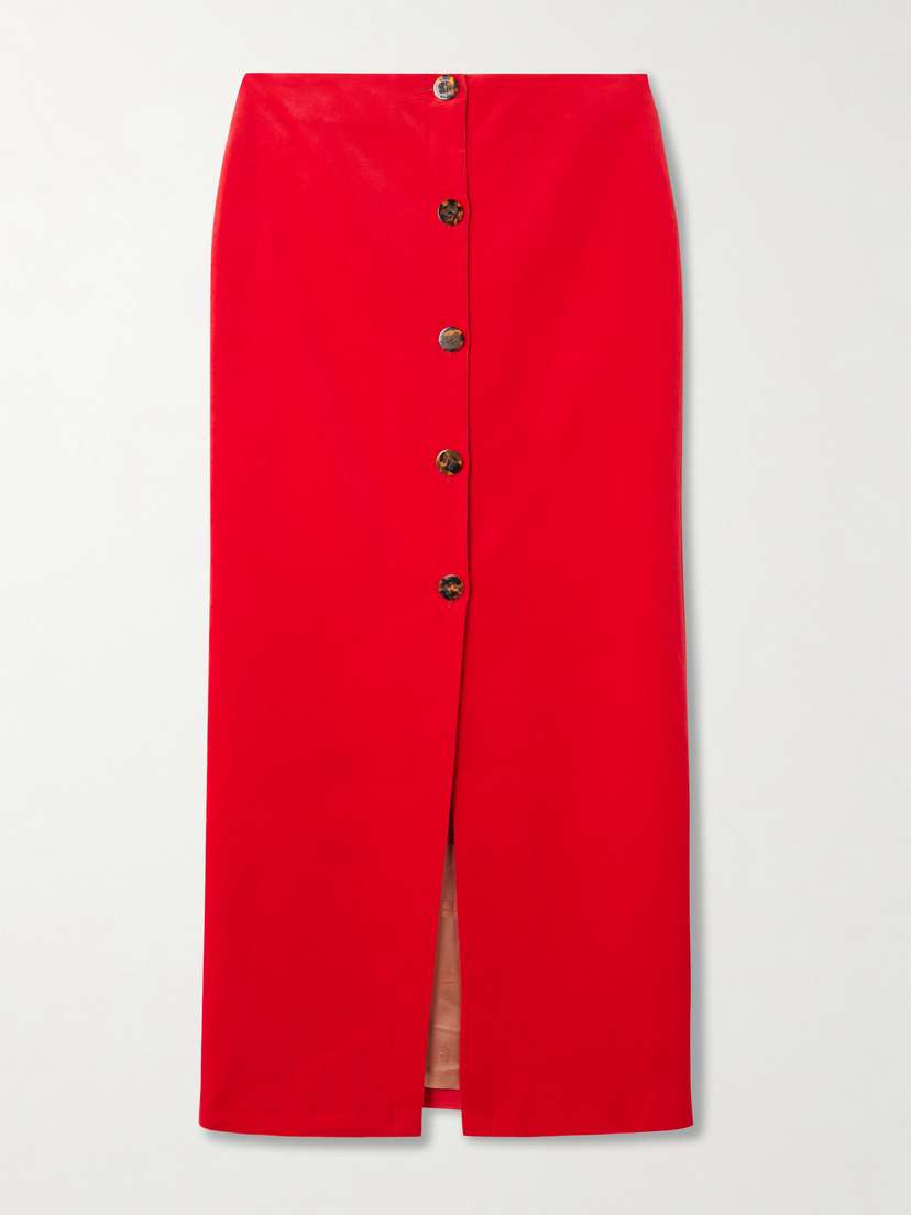 Blazé Milano Jealousy Malaya Button-embellished Cotton And Linen-blend Velvet Midi Skirt