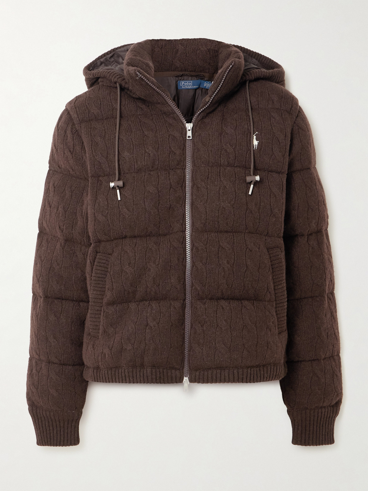 Polo Ralph Lauren Hooded Padded Quilted Cable-knit Wool And Cashmere-blend Jacket In Brown