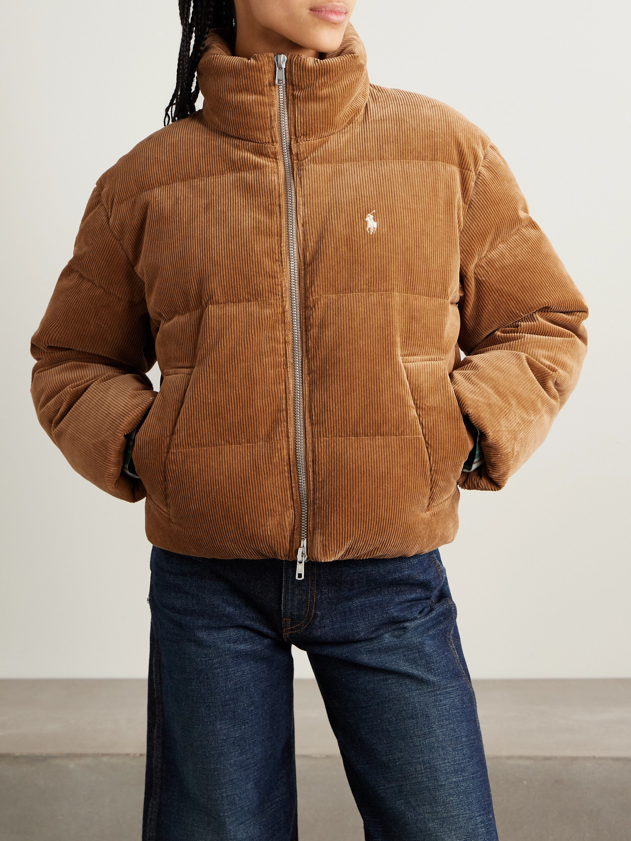 Polo Ralph Lauren Embroidered Quilted Cotton-blend Corduroy Down Jacket In Brown