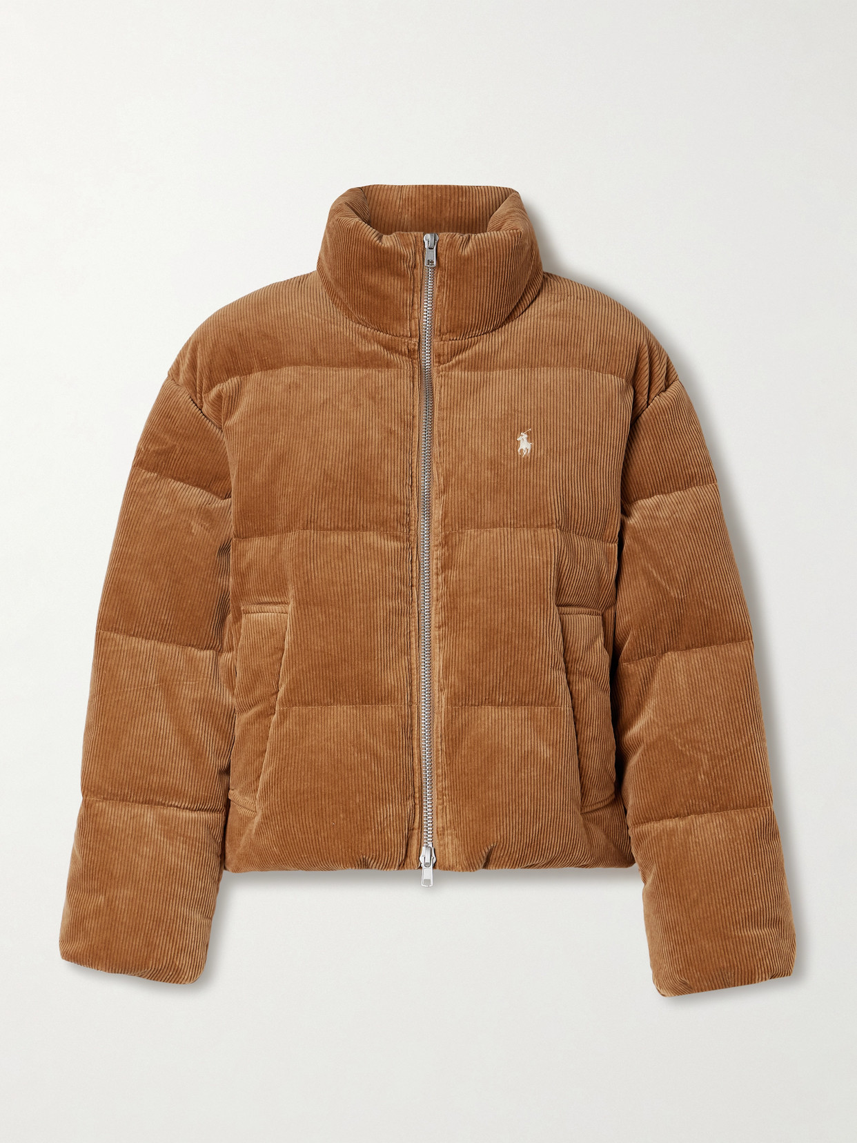 Polo Ralph Lauren Embroidered Quilted Cotton-blend Corduroy Down Jacket In Brown