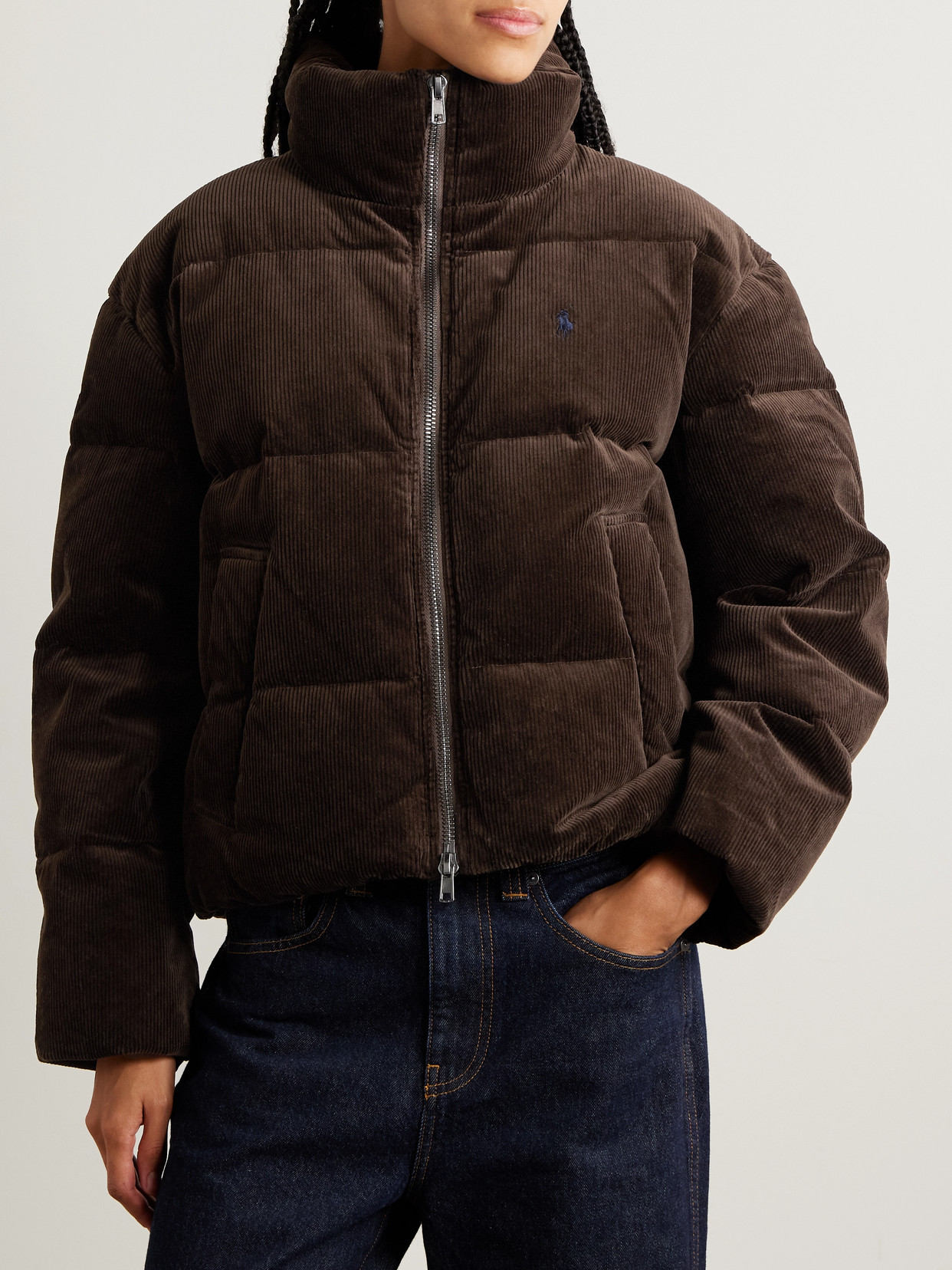Polo Ralph Lauren Embroidered Quilted Cotton-blend Corduroy Down Jacket In Brown