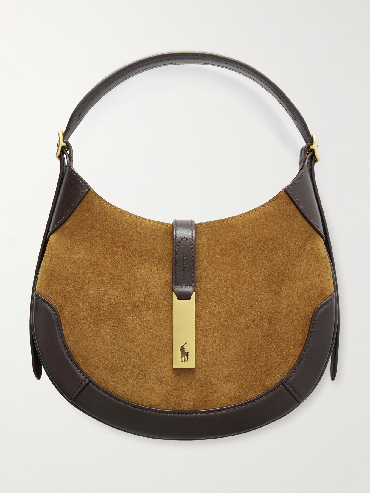 Polo Ralph Lauren Polo Id Small Leather-trimmed Suede Shoulder Bag In Brown