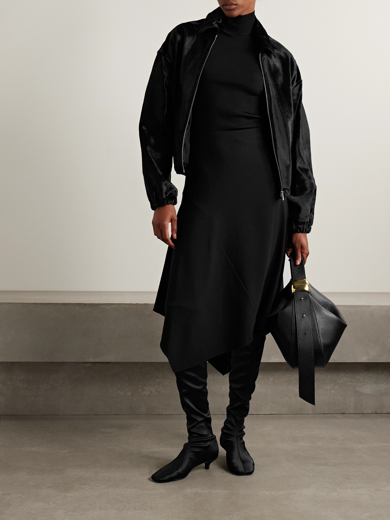 Theory Asymmetric Draped Paneled Crepe Skirt In Black