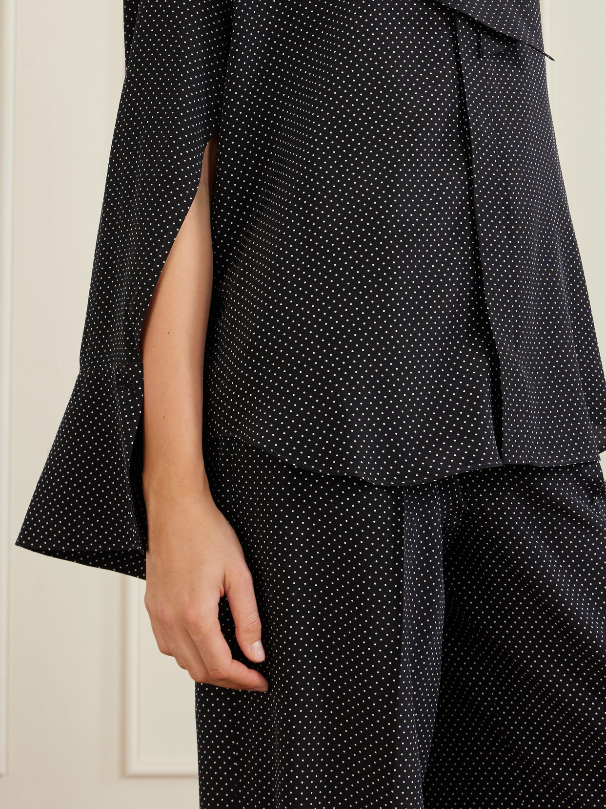 Pussy-Bow Polka-Dot Silk-Satin Blouse