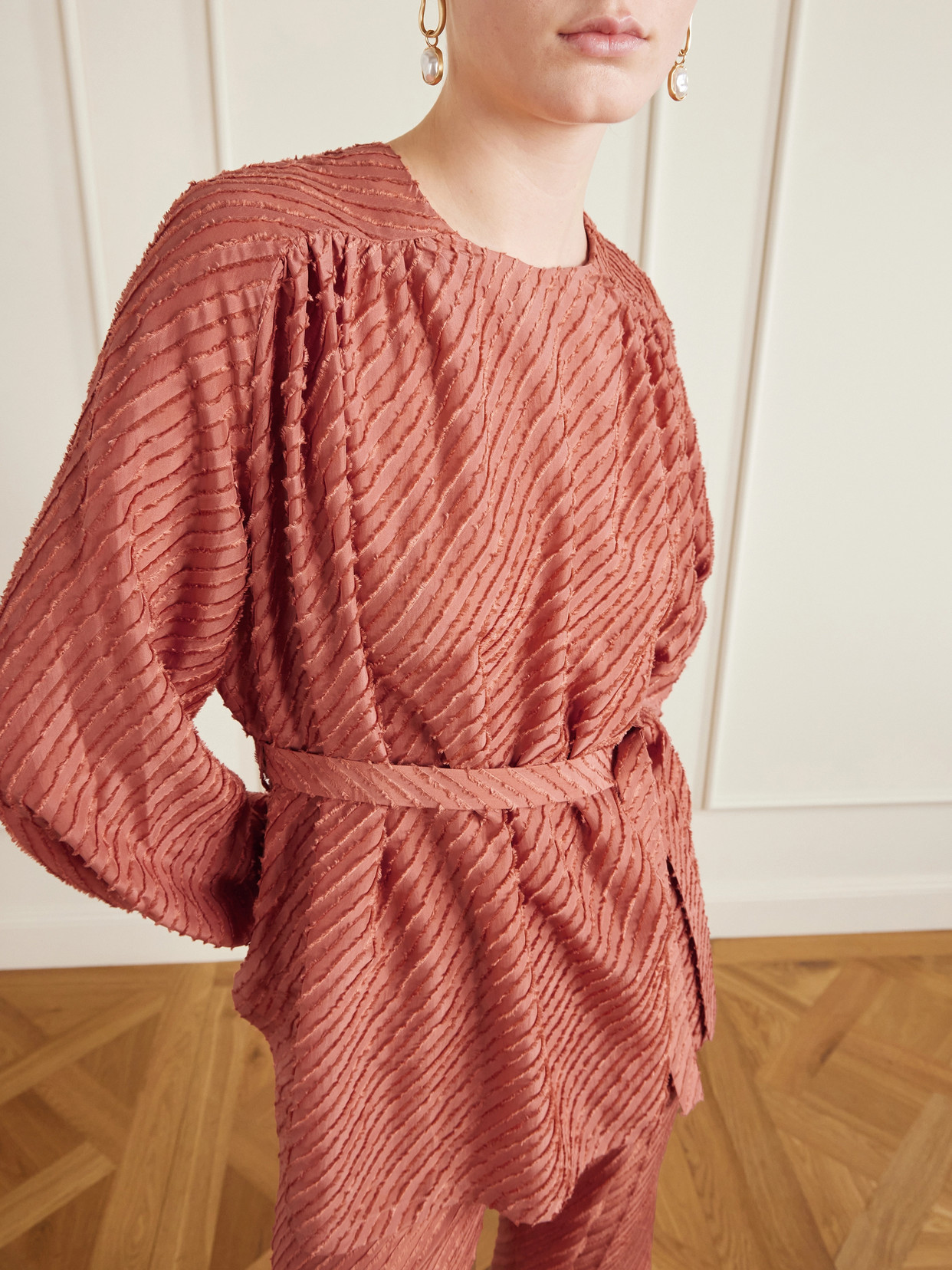 Tea Belted Frayed Blouse