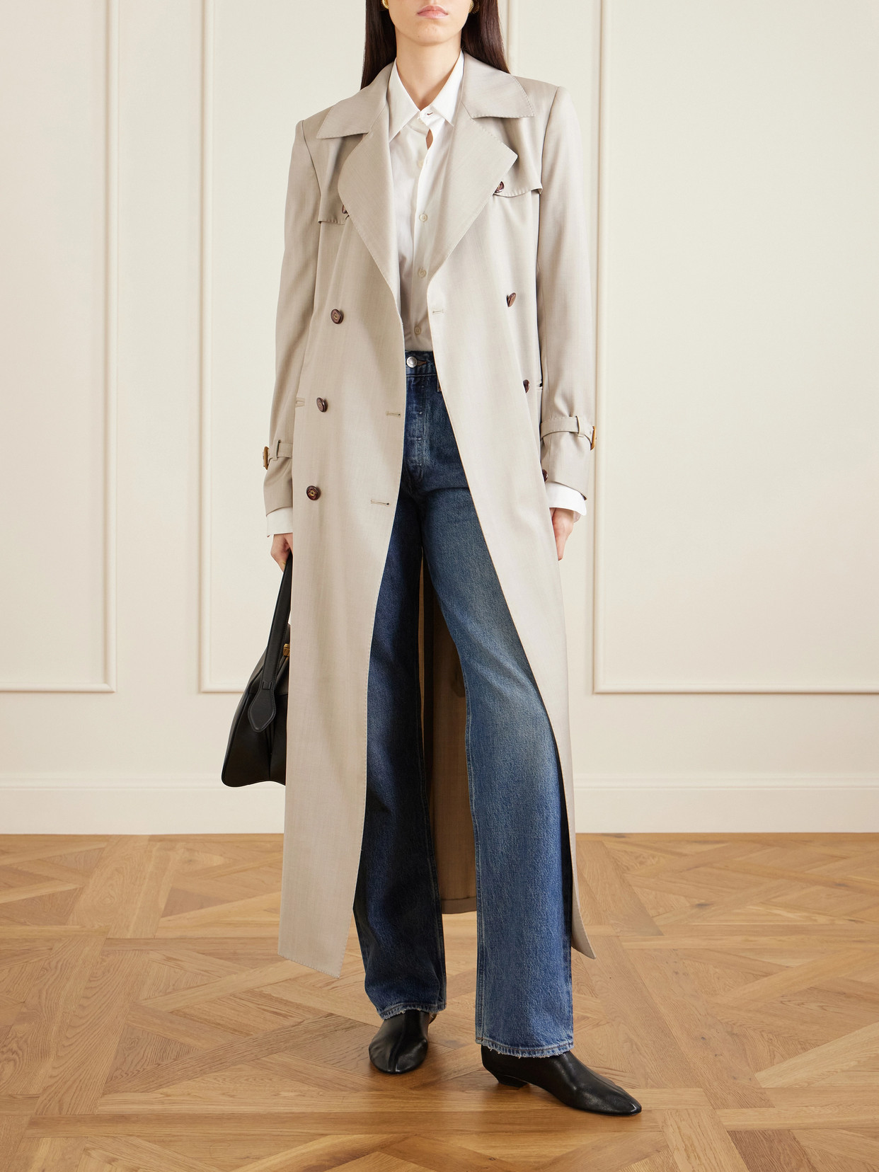 Camilla Double-Breasted Belted Herringbone Wool And Silk-Blend Trench Coat
