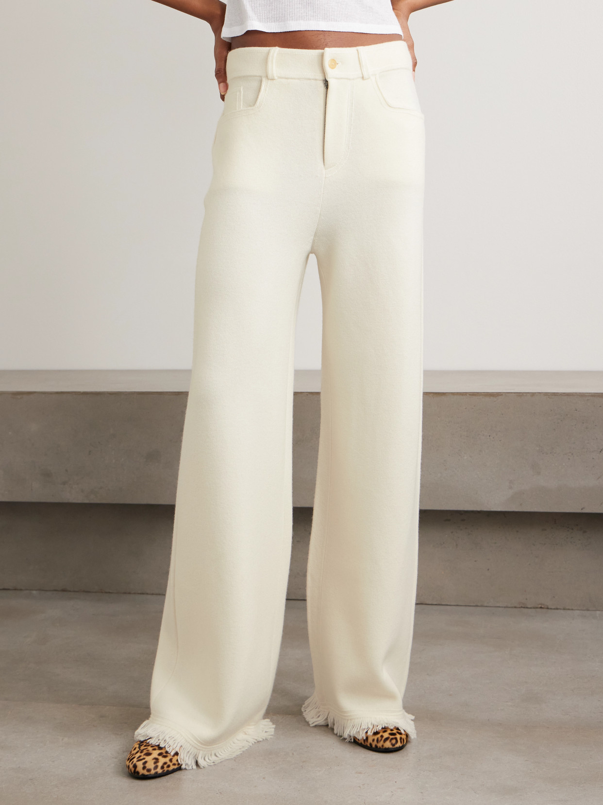 Arch4 Storme Frayed Organic Wool And Cashmere-blend Wide-leg Pants In White