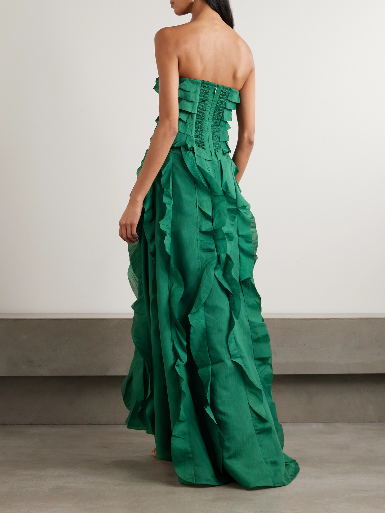 Aje Allairie Strapless Ruffled Shirred Faille Gown In Green