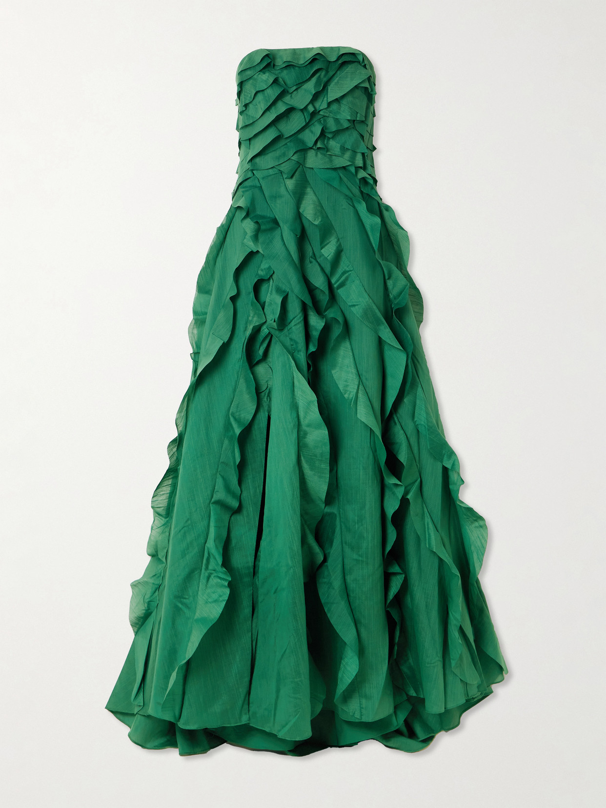 Aje Allairie Strapless Ruffled Shirred Faille Gown In Green