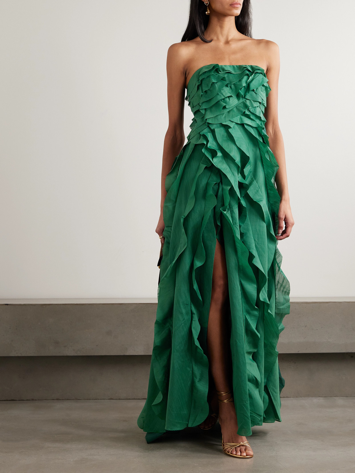 Aje Allairie Strapless Ruffled Shirred Faille Gown In Green
