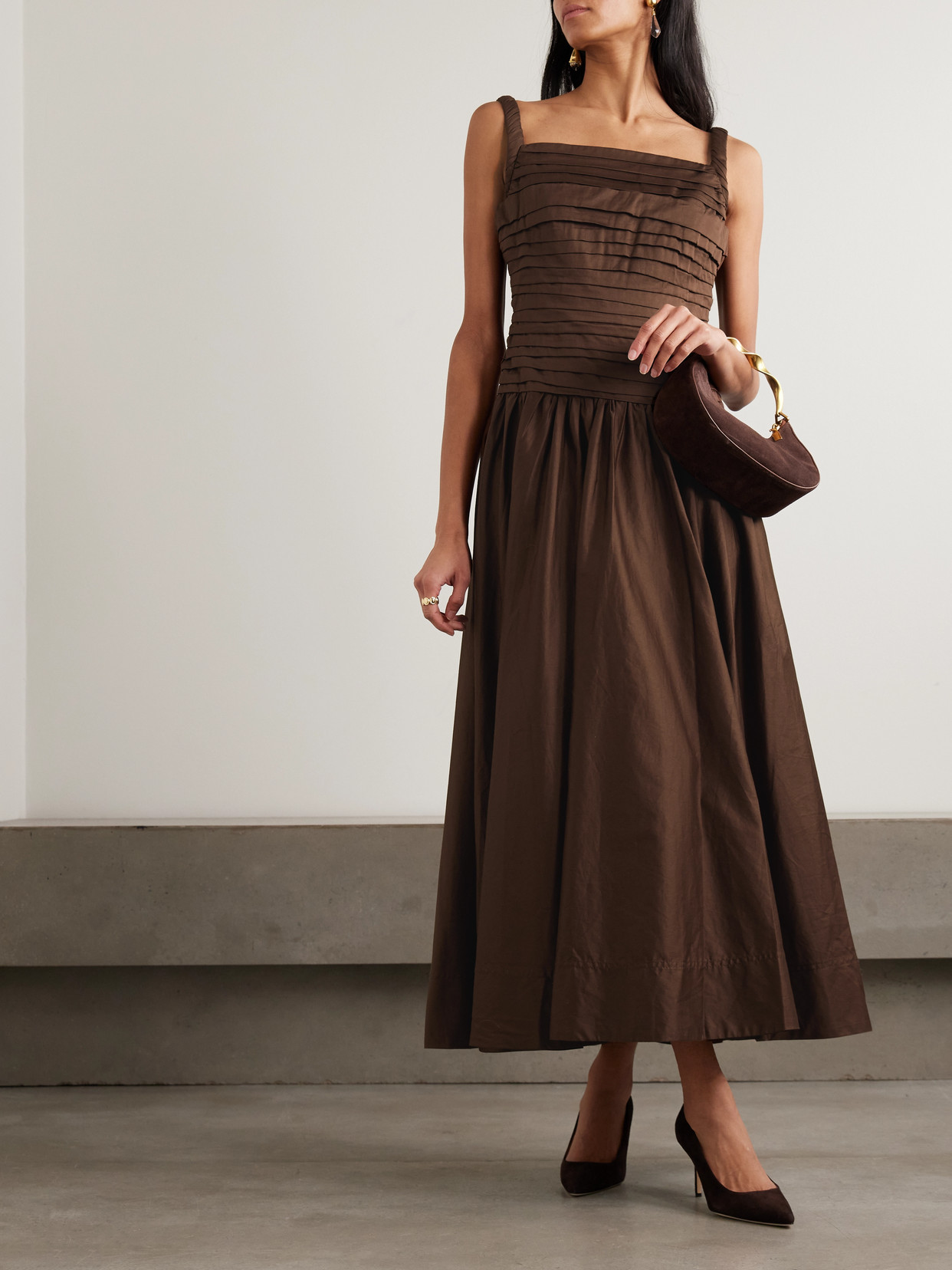 Aje Star Pleated Cotton Dress In Brown