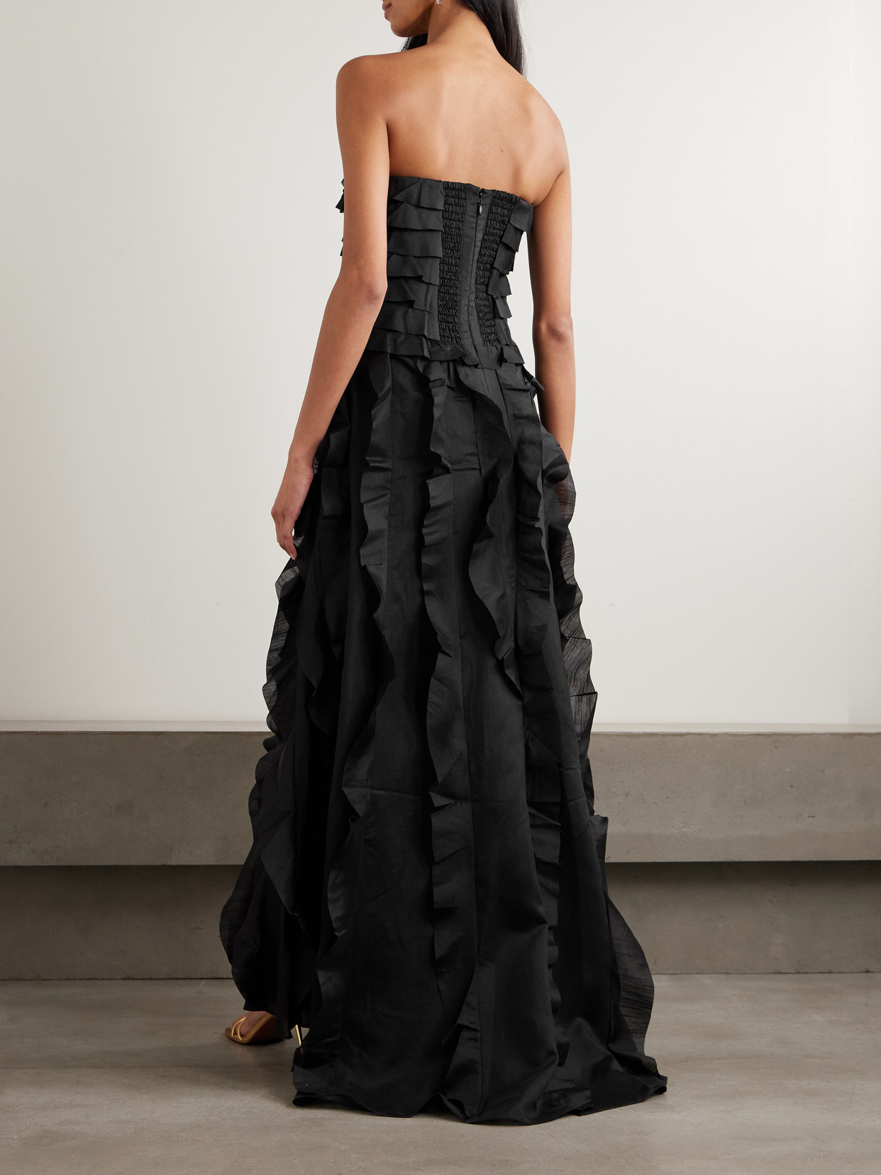 Aje Allairie Strapless Ruffled Shirred Faille Gown In Black