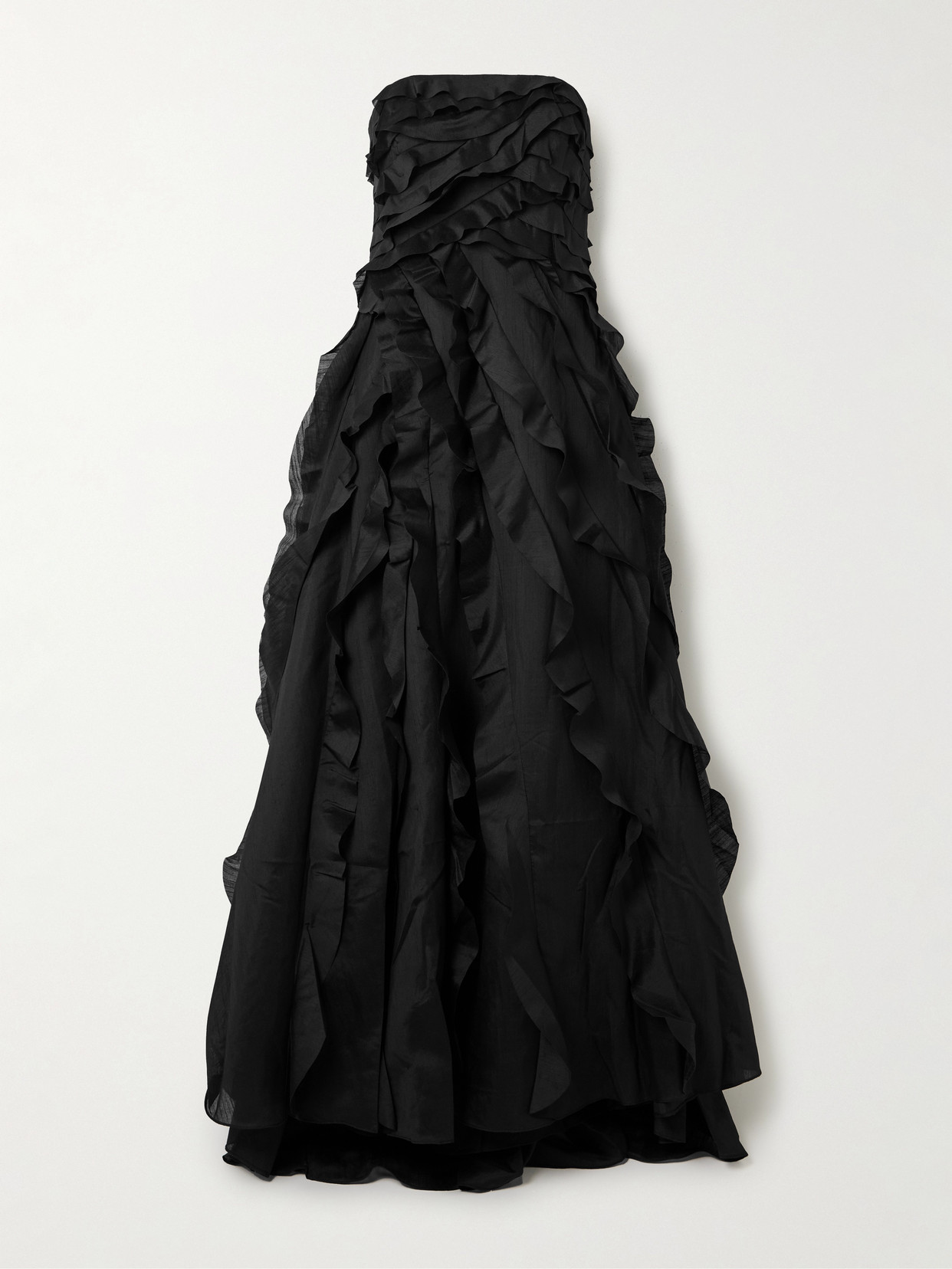 Aje Allairie Strapless Ruffled Shirred Faille Gown In Black