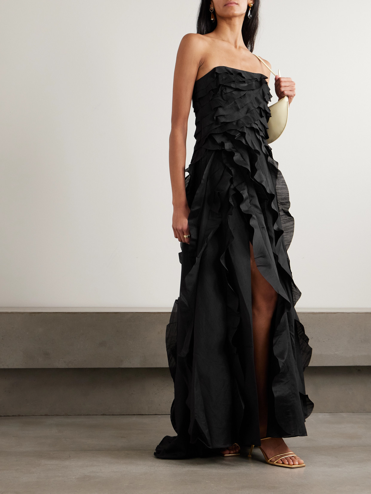 Aje Allairie Strapless Ruffled Shirred Faille Gown In Black