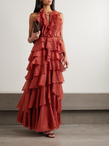 Cleo bead-embellished ruffled tiered organza gown