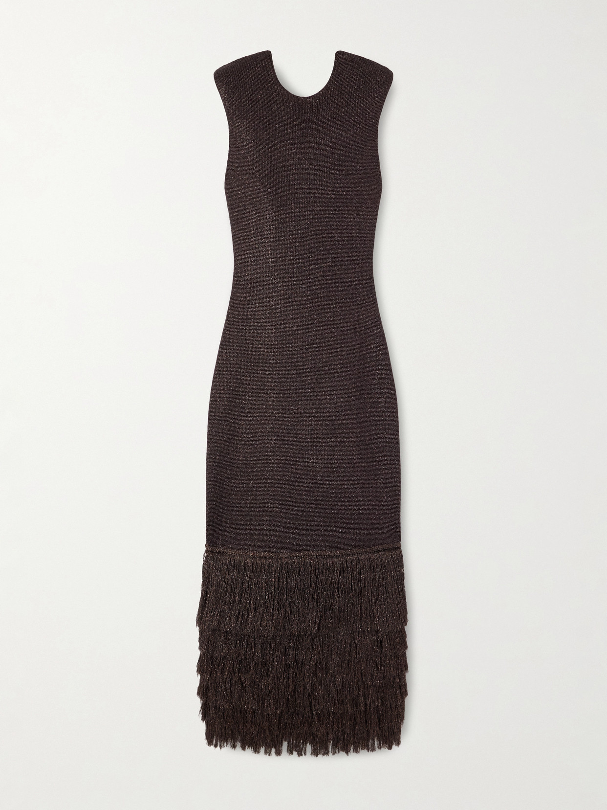Aje Breeze Fringed Metallic Knitted Midi Dress In Brown
