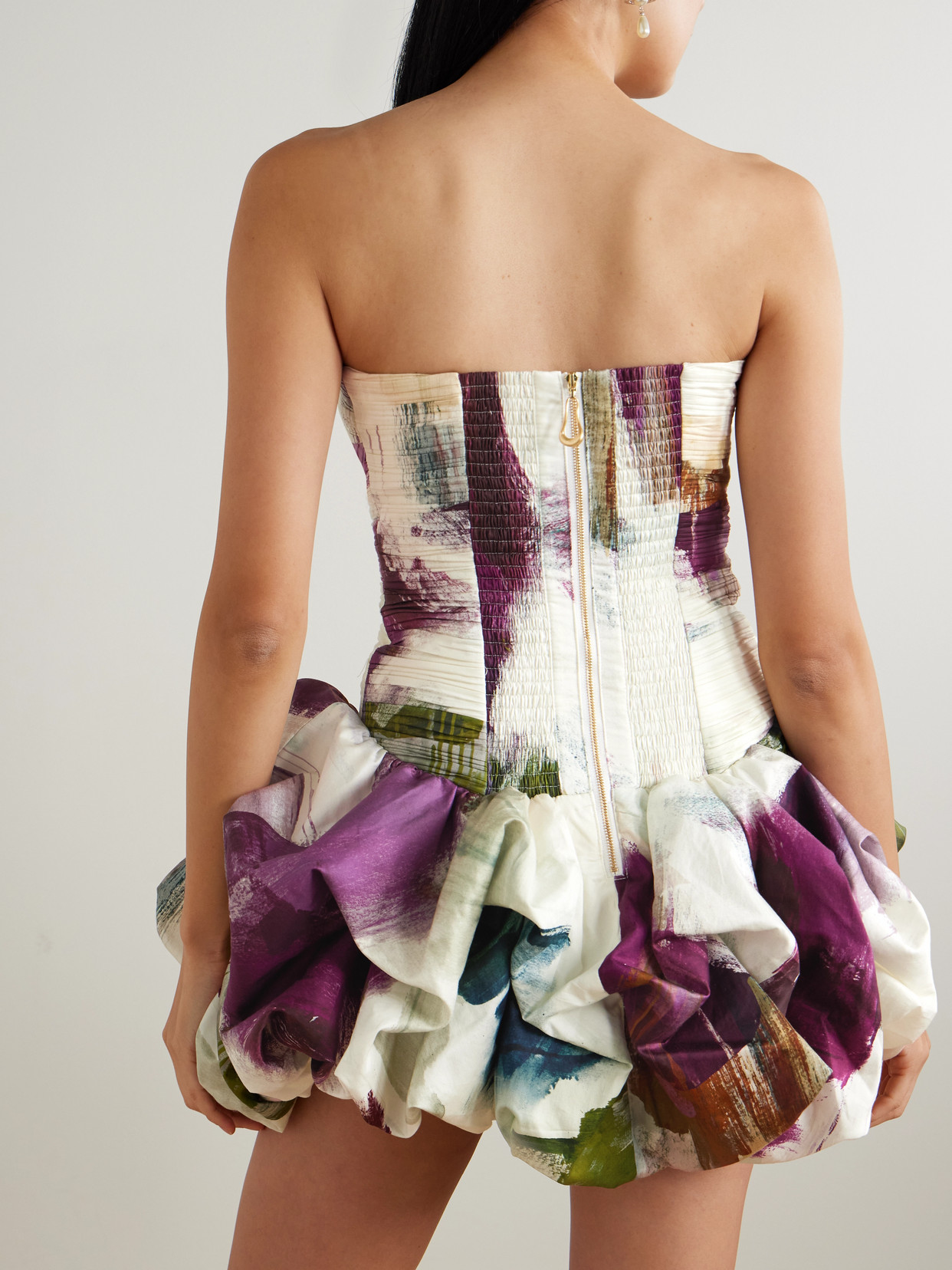 Aje Violette Strapless Ruched Floral-print Cotton Mini Dress In Multi