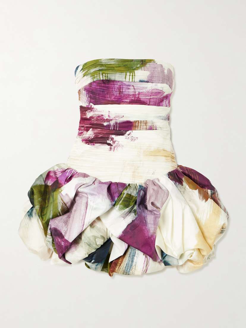 Aje Violette Strapless Ruched Floral-print Cotton Mini Dress