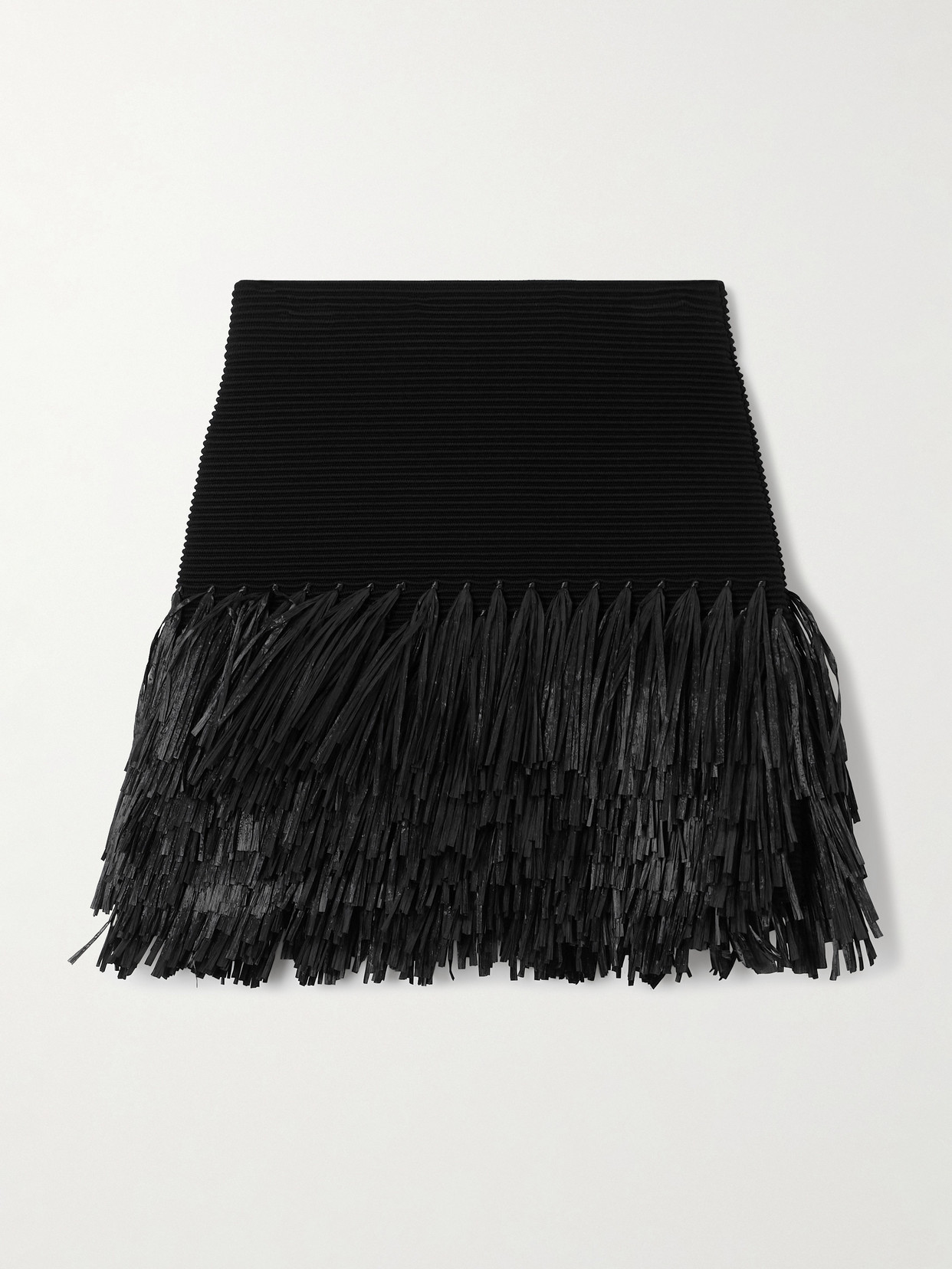 Aje Agave Fringed Raffia-trimmed Ribbed-knit Mini Skirt In Black