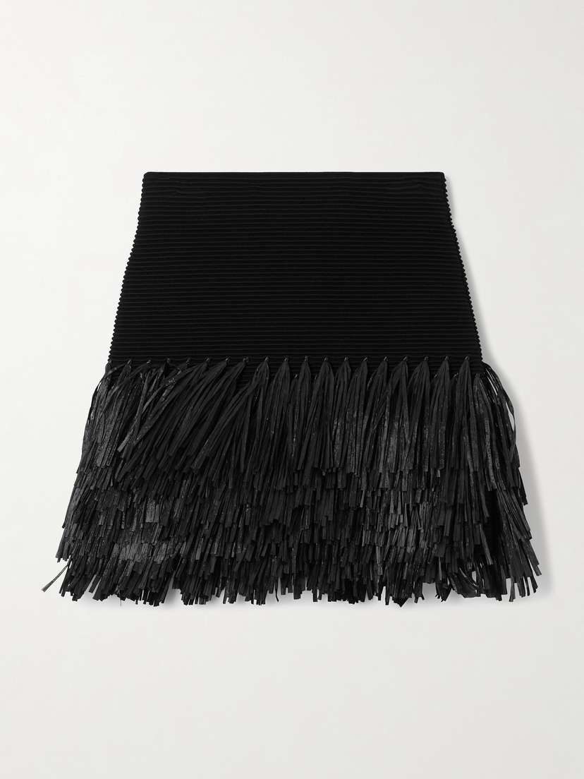 Aje Agave Fringed Raffia-trimmed Ribbed-knit Mini Skirt