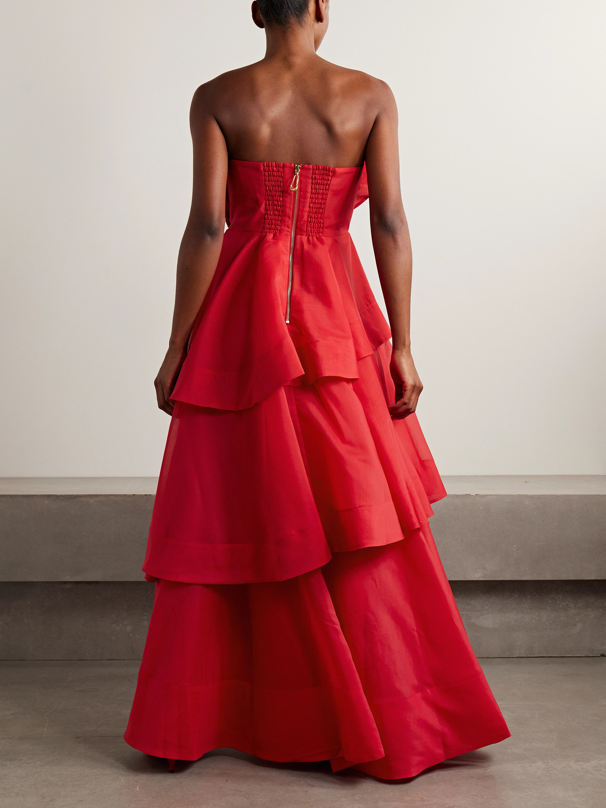 Aje Selestia Strapless Ruffled Tiered Organza Gown In Red