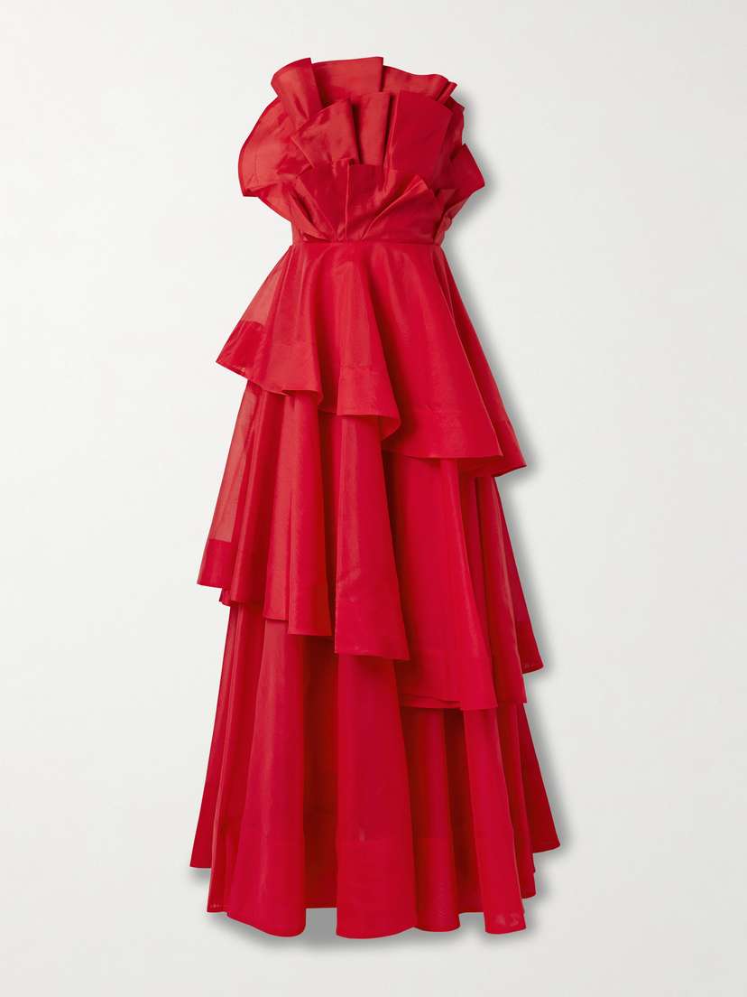 Aje Selestia Strapless Ruffled Tiered Organza Gown