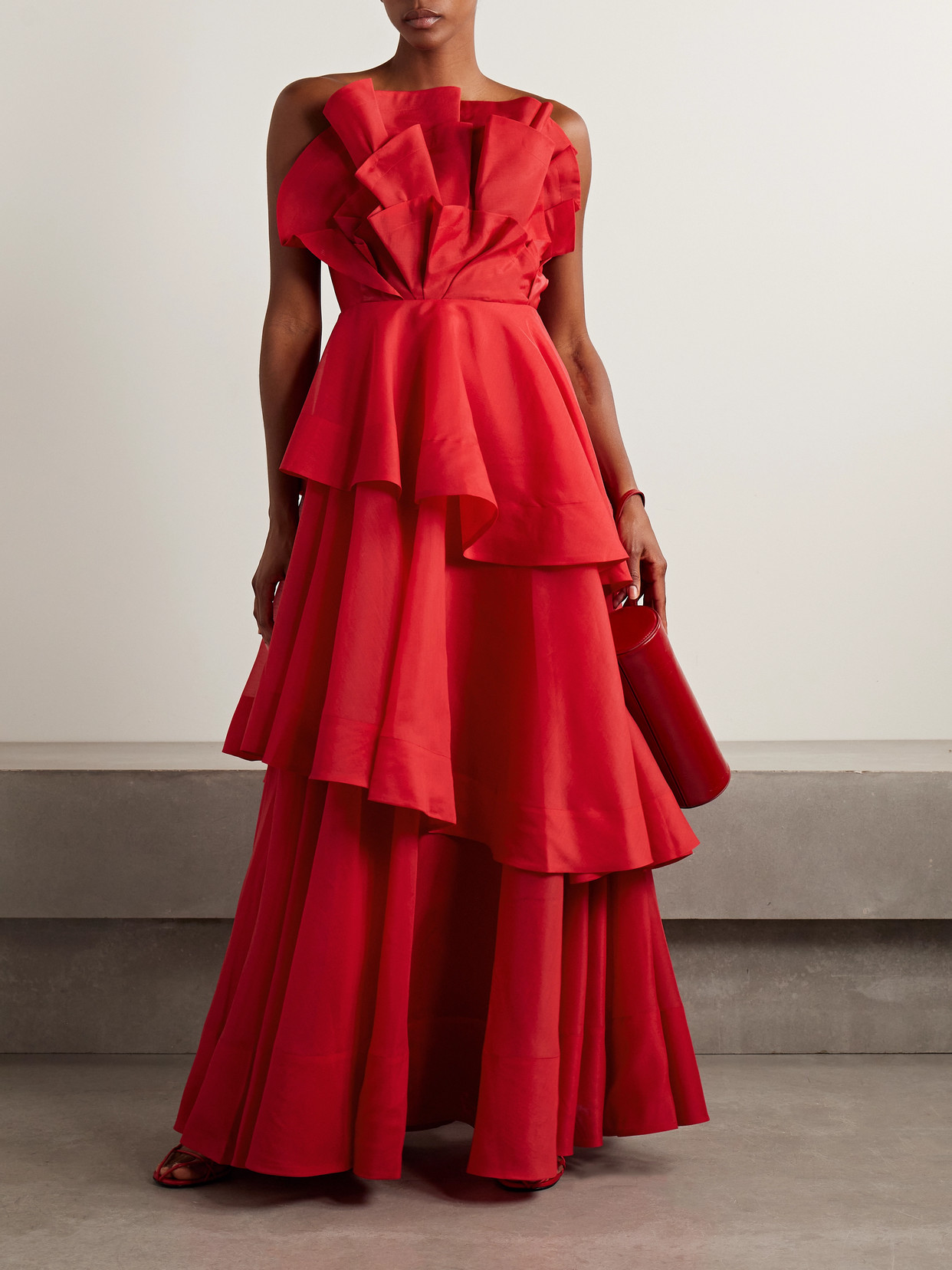 Aje Selestia Strapless Ruffled Tiered Organza Gown In Red
