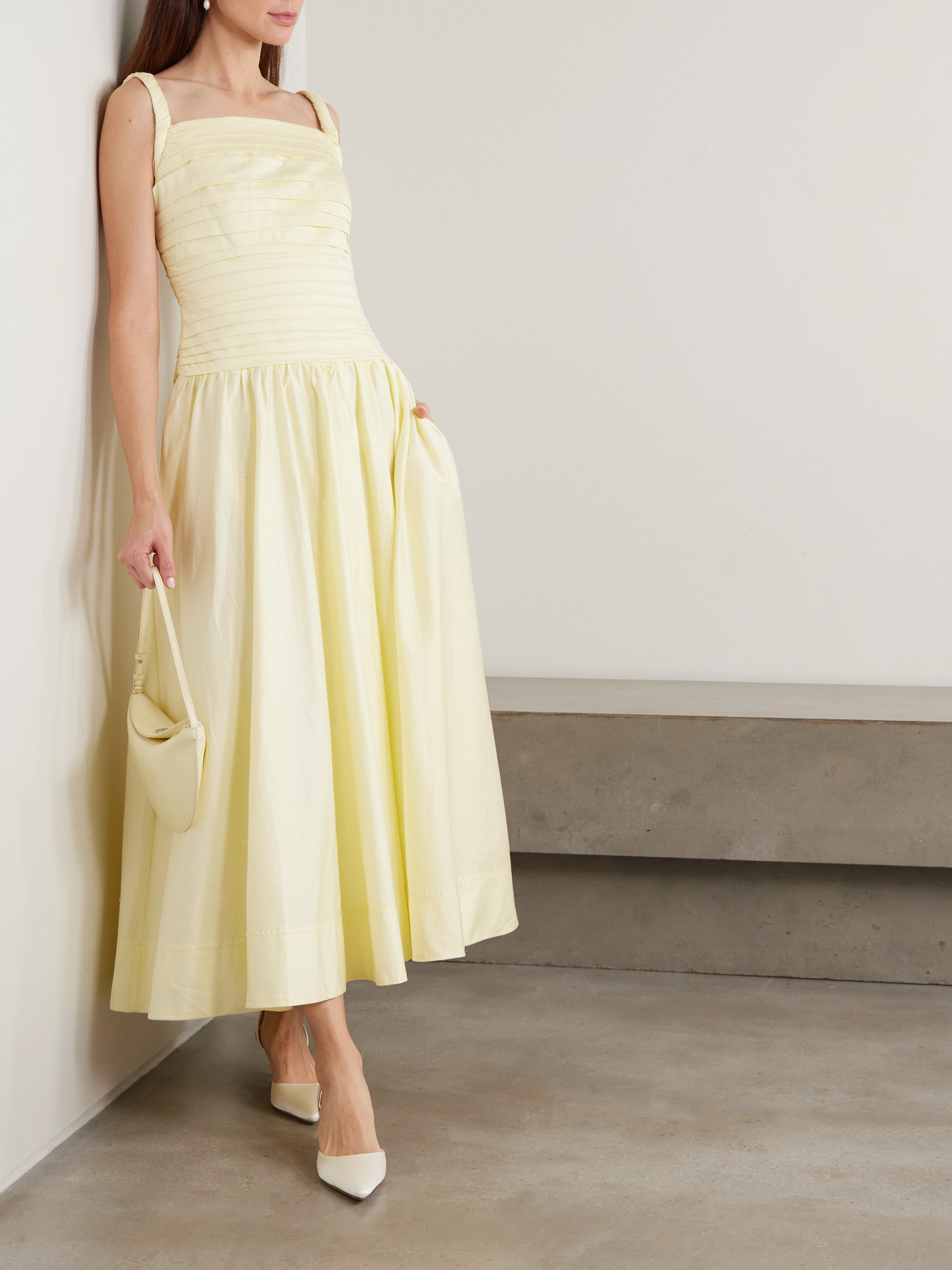 Aje Star Pleated Cotton-poplin Midi Dress In Yellow