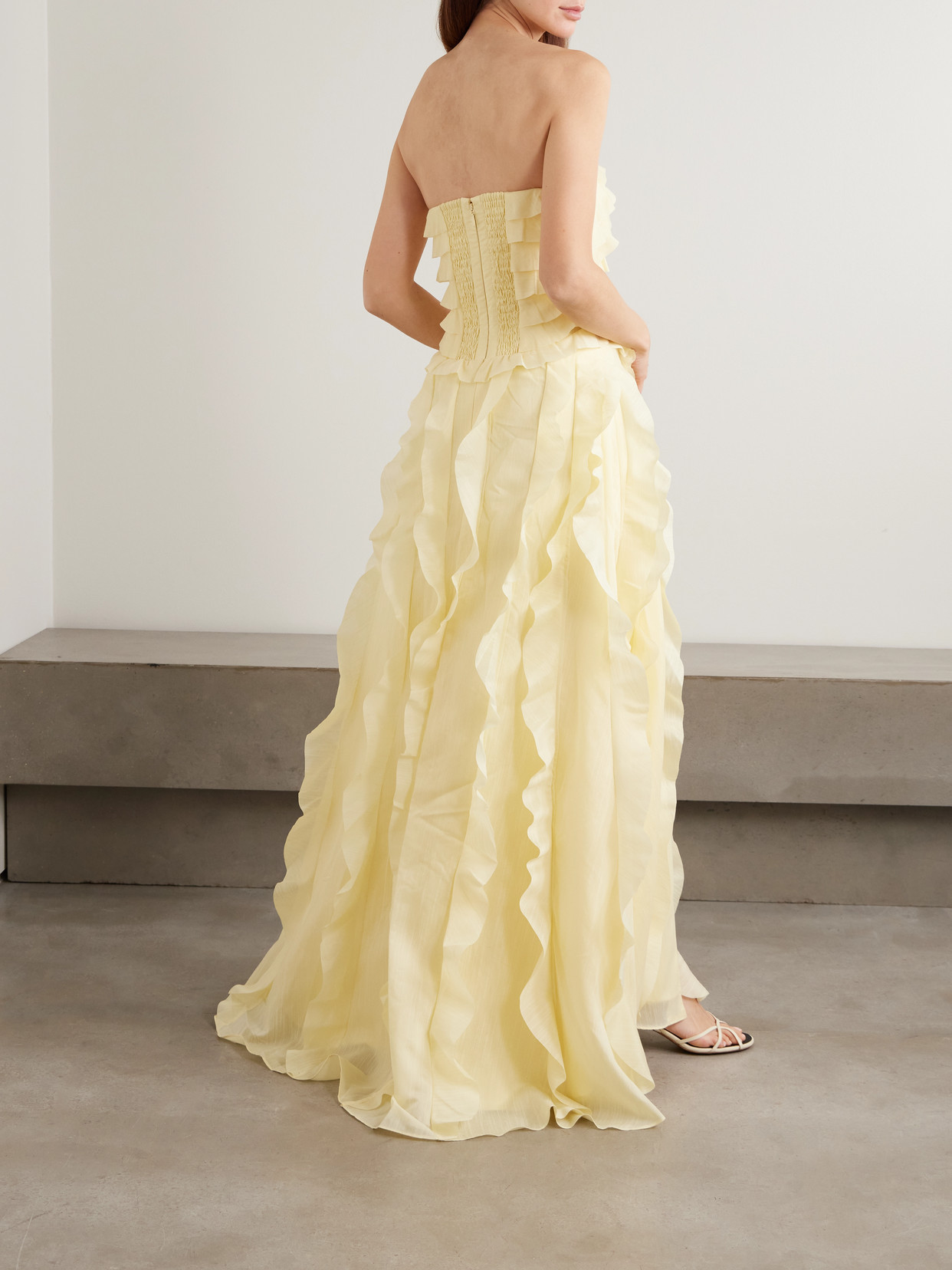 Aje Allairie Strapless Ruffled Shirred Faille Gown In Yellow