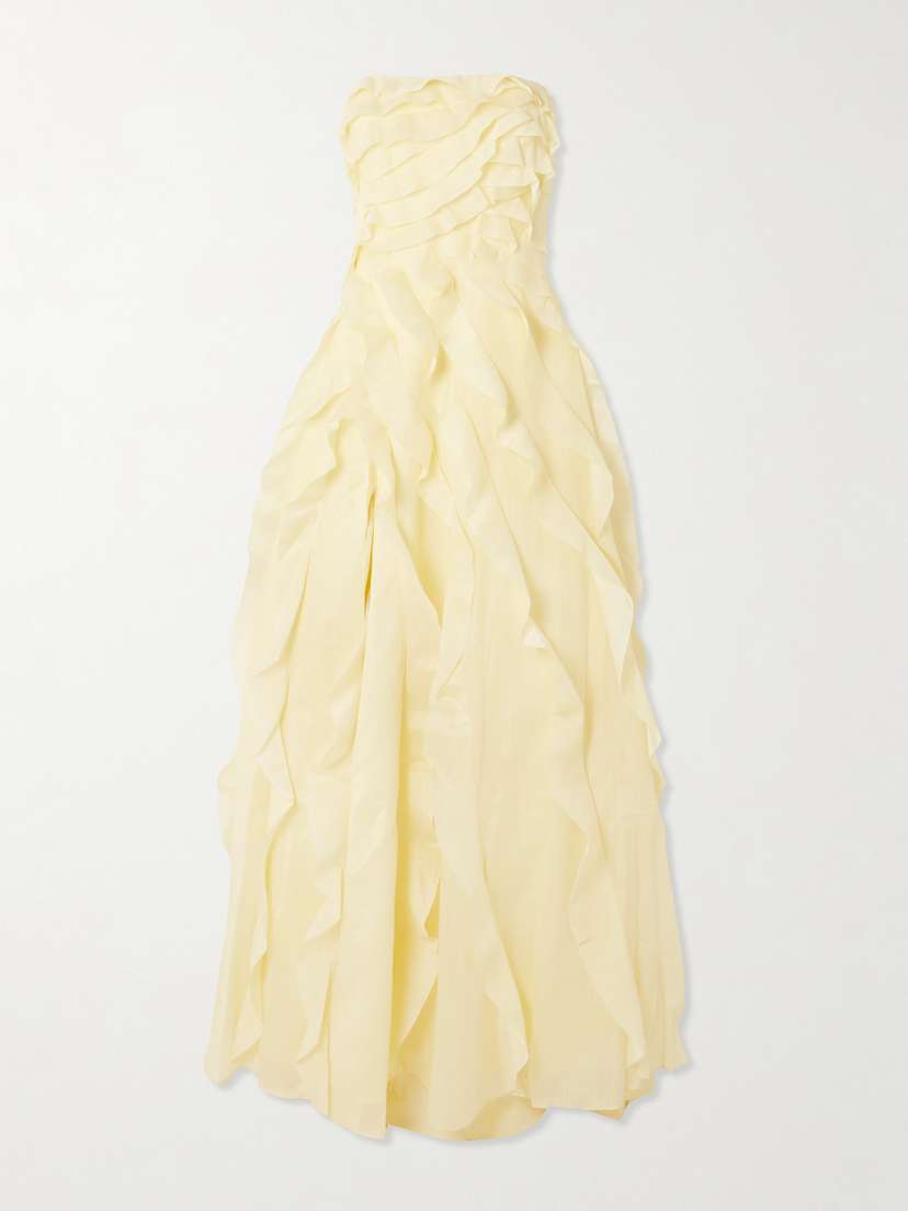 Aje Allairie Strapless Ruffled Shirred Faille Gown