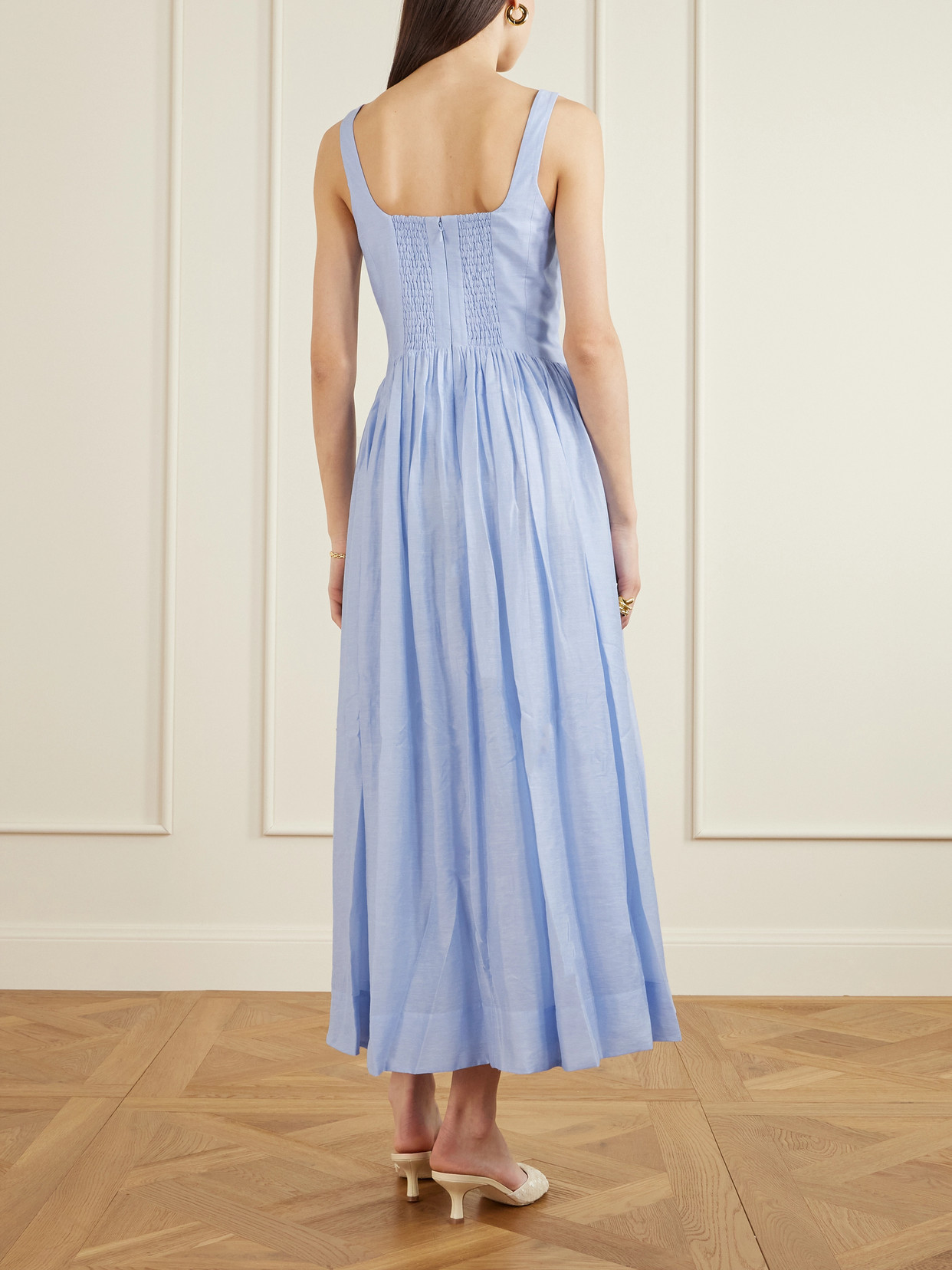 Aje Mist Pleated Paneled Lyocell-blend Midi Dress In Blue