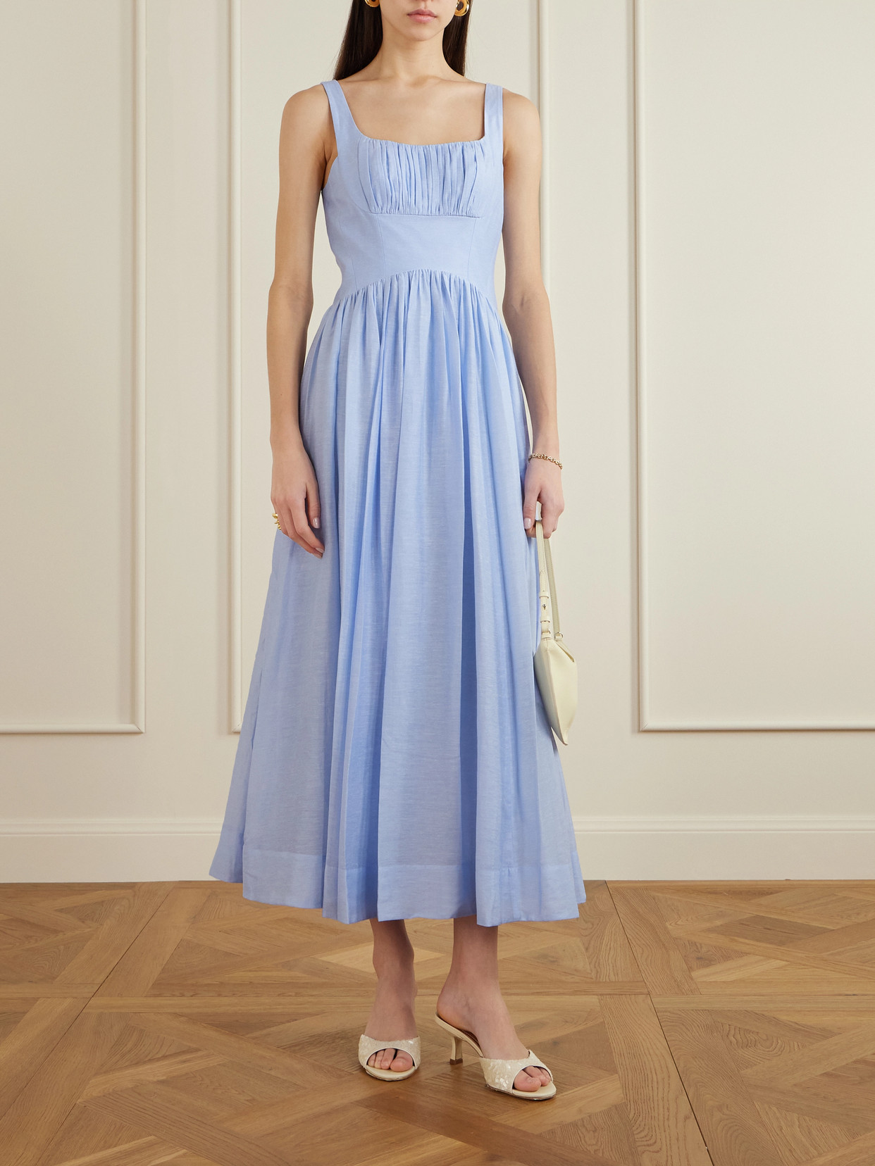 Aje Mist Pleated Paneled Lyocell-blend Midi Dress In Blue