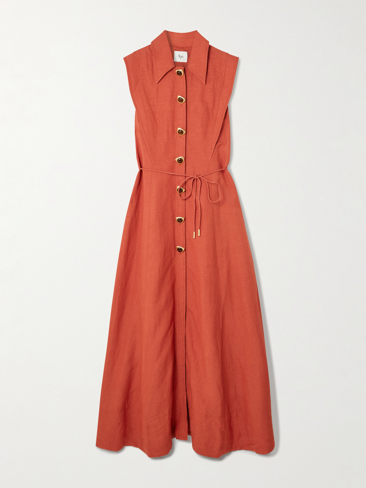 Aje Belted Embellished Linen-blend Maxi Shirt Dress In Orange