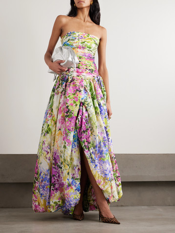 Aje Dahlia strapless pintucked printed Lyocell-blend gown