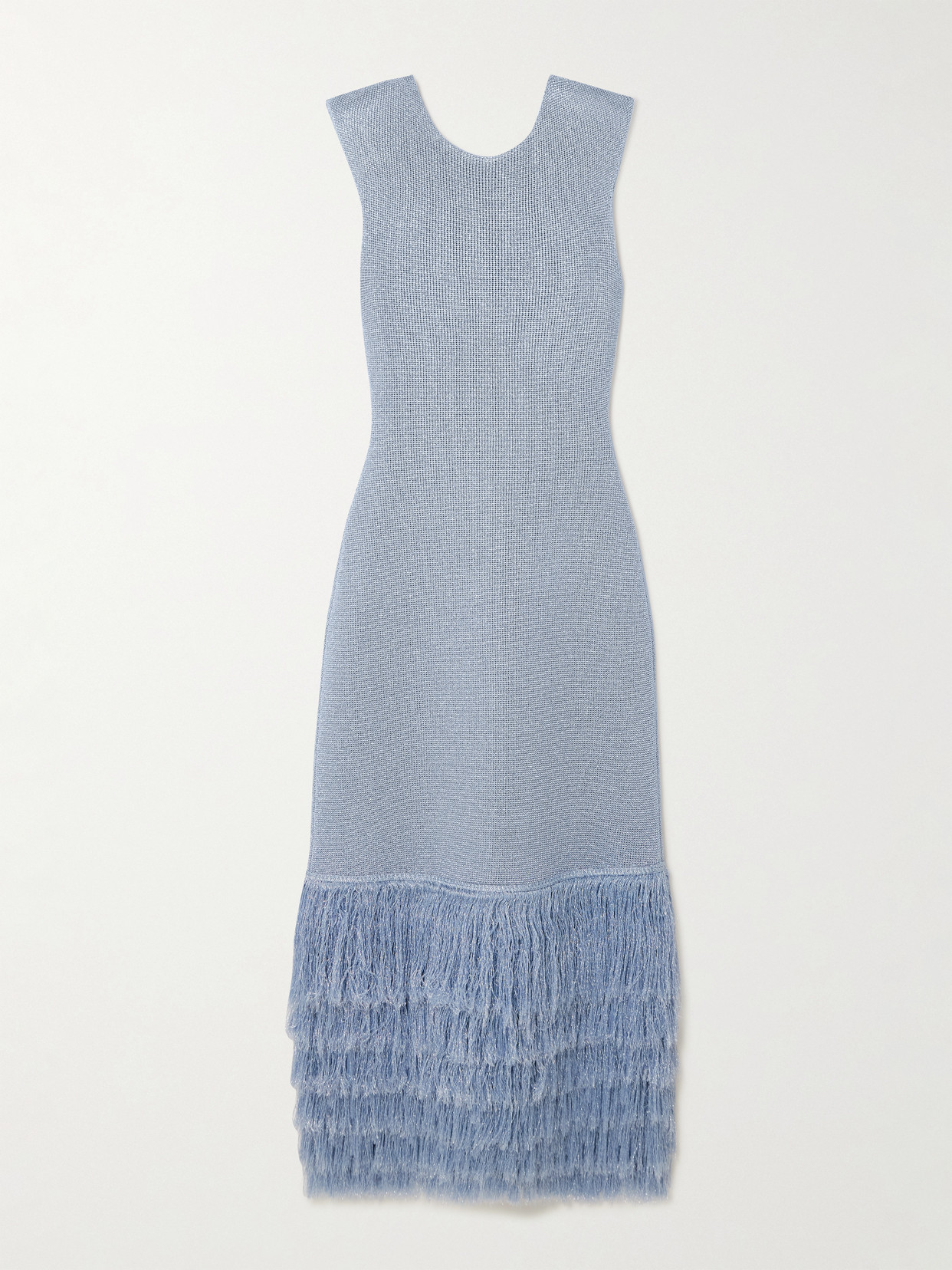 Aje Breeze Fringed Metallic Knitted Midi Dress In Blue