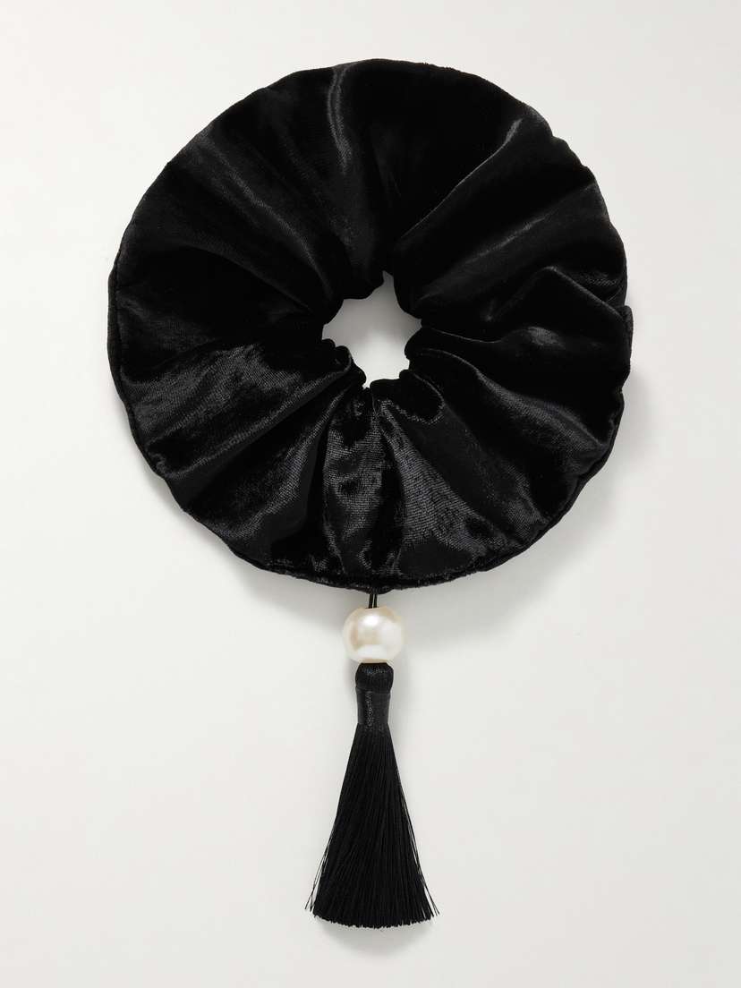 Jennifer Behr Isadora Tasseled Faux Pearl-embellished Velvet Scrunchie