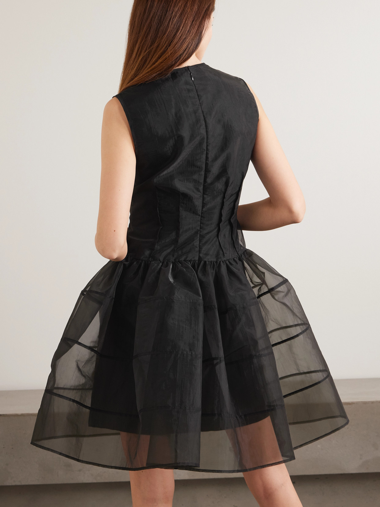 Cecilie Bahnsen Claudie Gathered Paneled Organza And Satin Mini Dress In Black