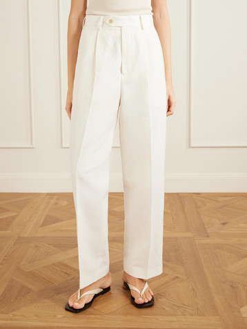 AURALEE Pleated wool, cotton and linen-blend Oxford wide-leg pants