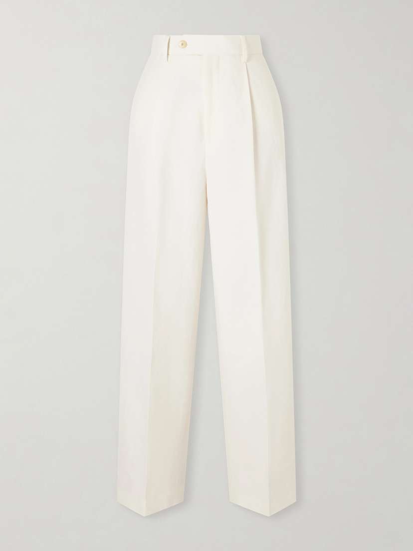 Auralee Pleated Wool, Cotton And Linen-blend Oxford Wide-leg Pants