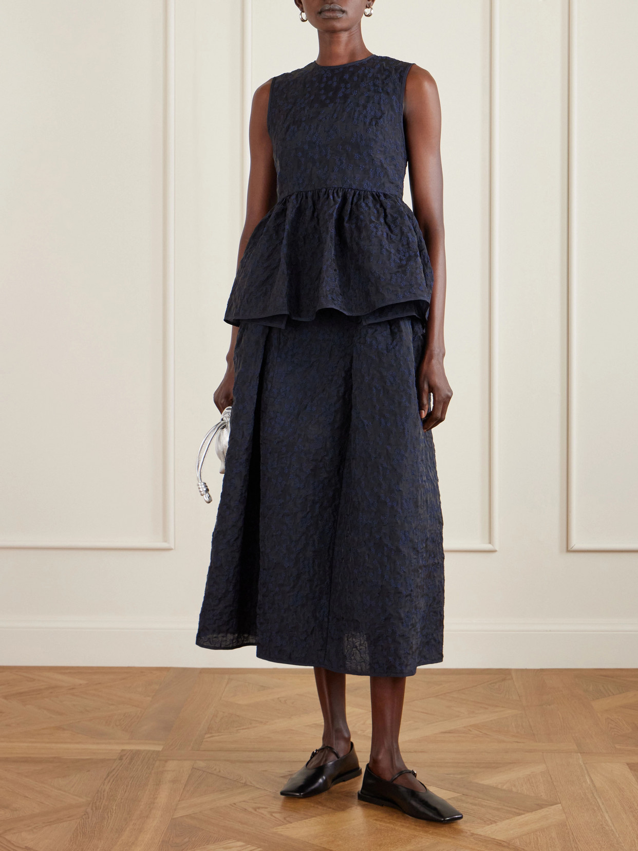 Margueritte Embroidered Cotton-Blend Cloqué Peplum Top