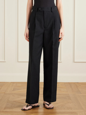AURALEE Pleated wool, cotton and linen-blend Oxford wide-leg pants