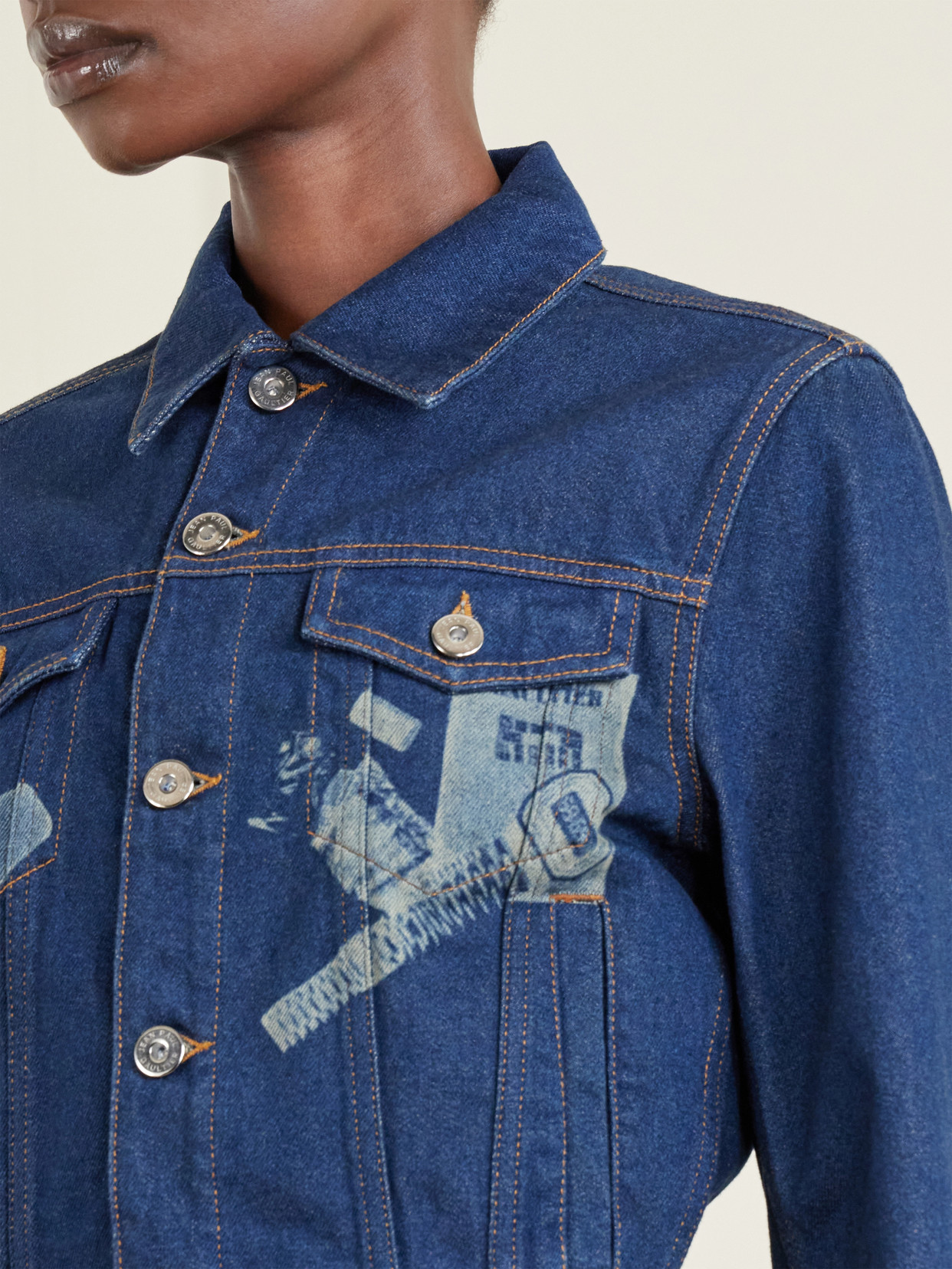 Jean Paul Gaultier Womens Vintage Blue Printed Cropped Denim Jacket