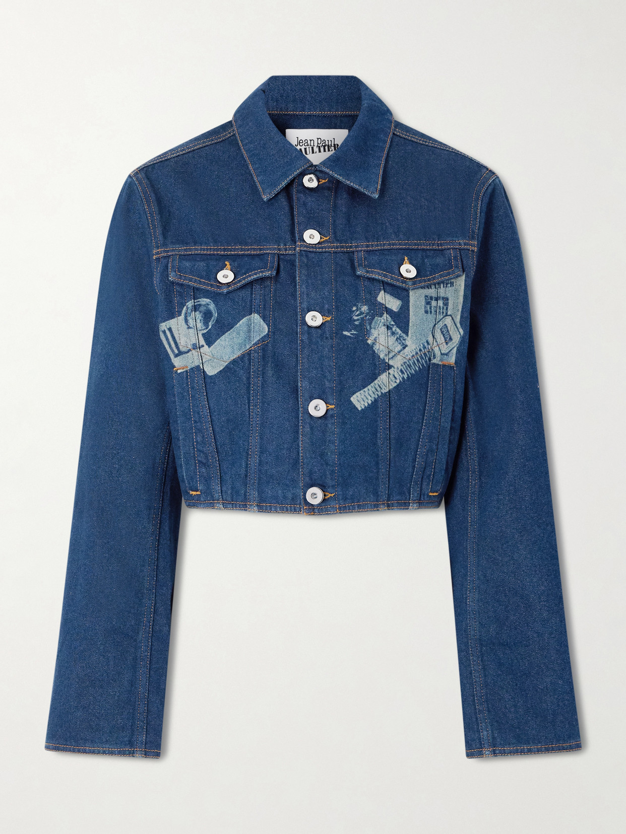 Jean Paul Gaultier Womens Vintage Blue Printed Cropped Denim Jacket