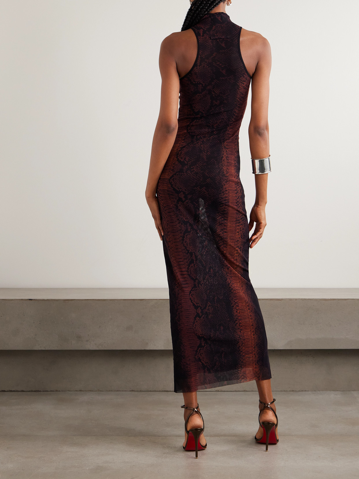 Jean Paul Gaultier Snake-print Mesh Midi Dress In Black