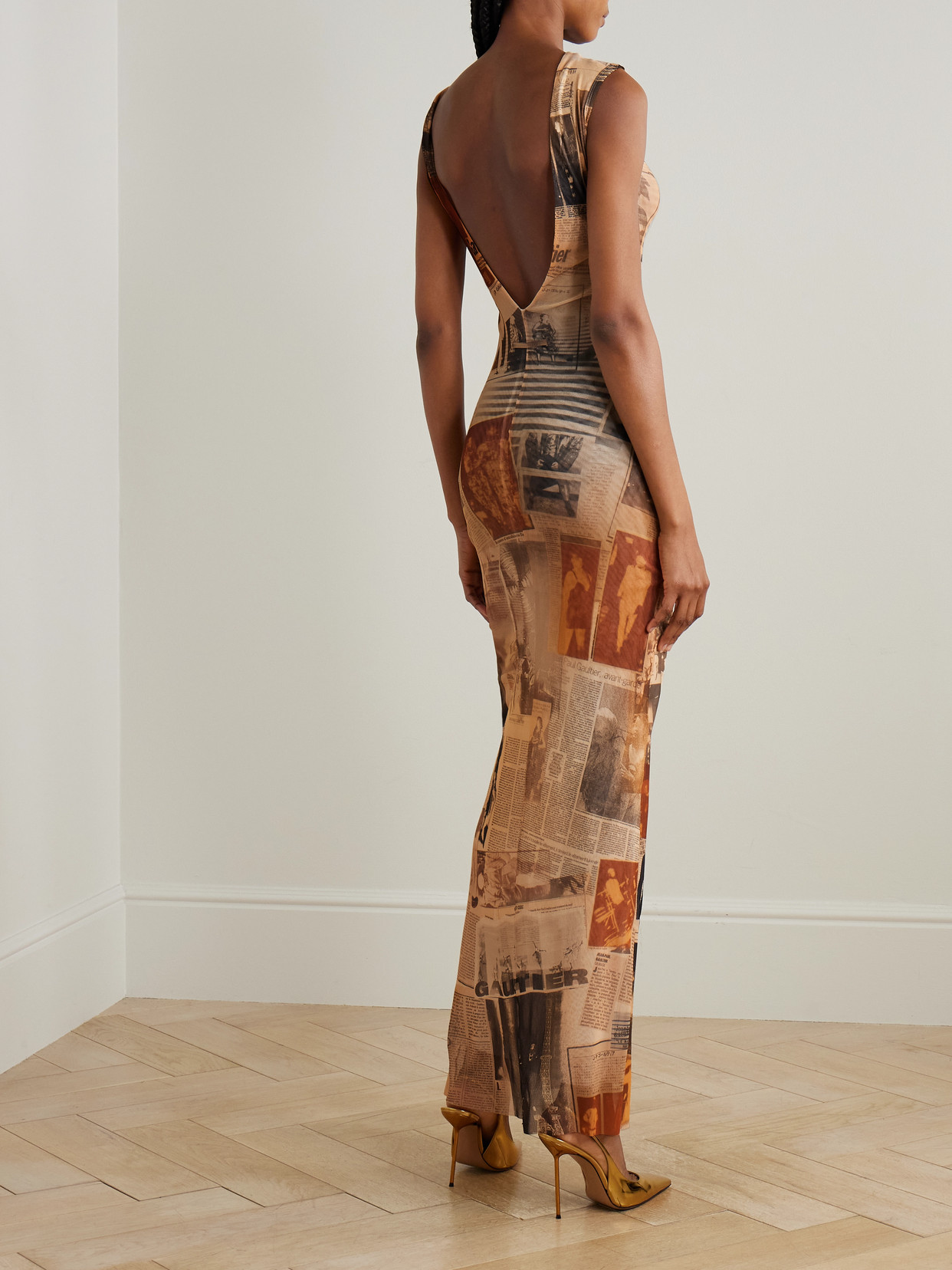 Jean Paul Gaultier Journal Open-back Printed Mesh Maxi Dress In Brown