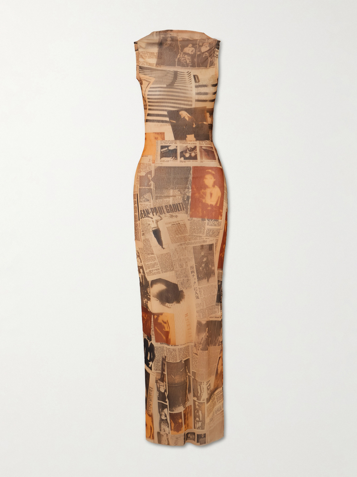 Jean Paul Gaultier Journal Open-back Printed Mesh Maxi Dress In Brown