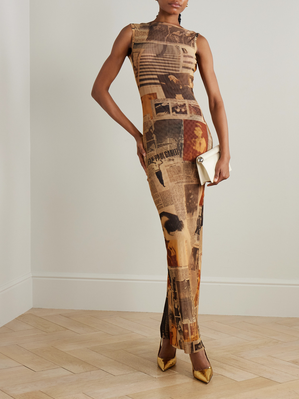 Jean Paul Gaultier Journal Open-back Printed Mesh Maxi Dress In Brown