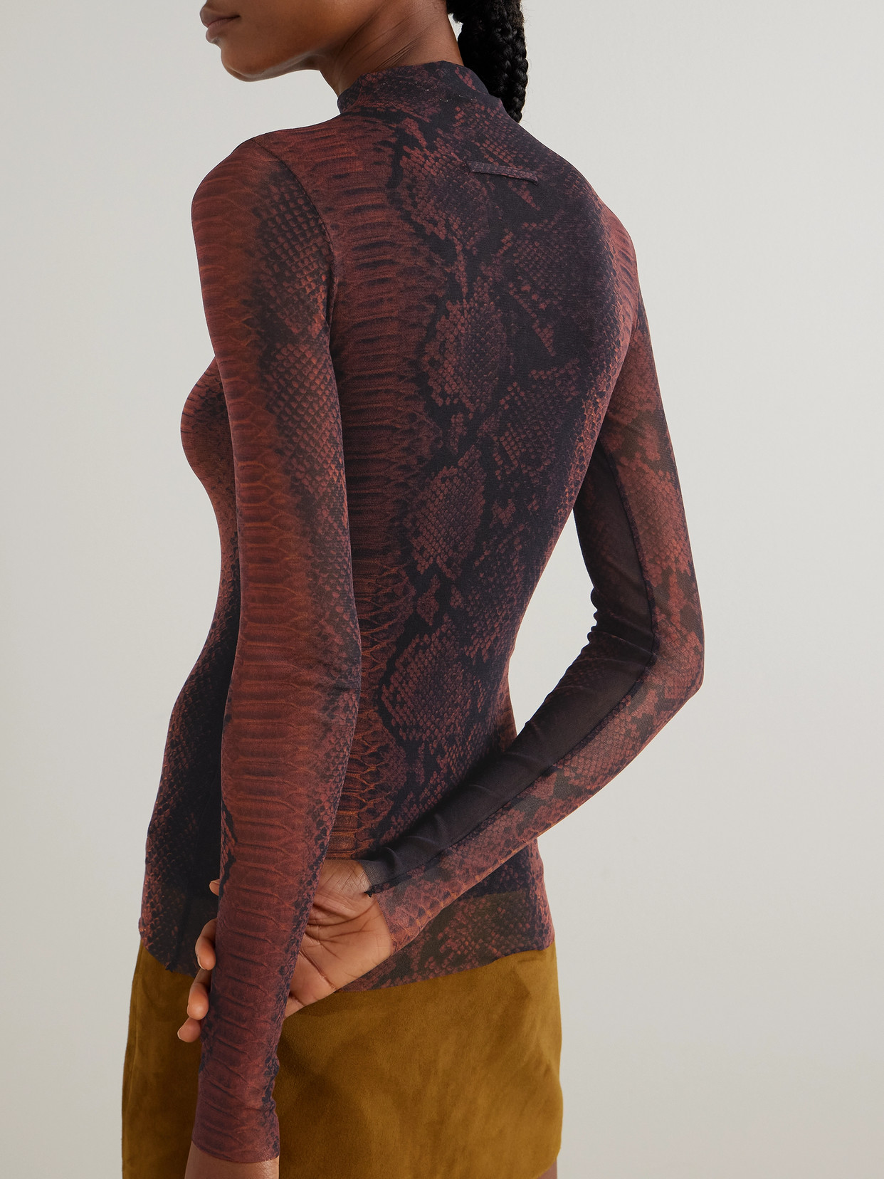 Jean Paul Gaultier Snake-print Mesh Top In Brown